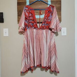 Free People Under the Sun Tunic Top Mini Dress Red Deep V Open Back Boho Large